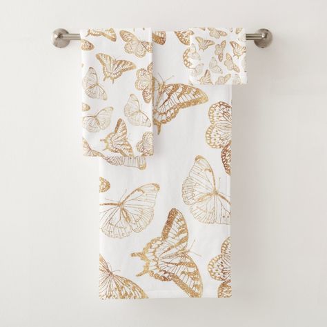 Elegant Gold Glitter Butterfly Glam Design Bath Towel Set Size: Bathroom Towel Set. Gender: unisex. Age Group: adult. Butterfly Bathroom Ideas, Line Art Butterflies, Butterfly Bathroom Decor, Bathroom Decor Gold, Modern Minimal Decor, Butterflies Aesthetic, Butterfly Stuff, Butterfly Bath, Drawn Butterfly