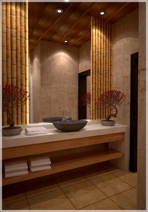 Thailand Bathroom Design, Zen Spa Bathroom Ideas Japanese, Bamboo Inspired Bathroom, Japanese Restaurant Bathroom, Resort Bathroom Design, Bamboo Bathroom Ideas, Bathroom Zen Style, Thai Bathroom, Asian Inspired Bathroom