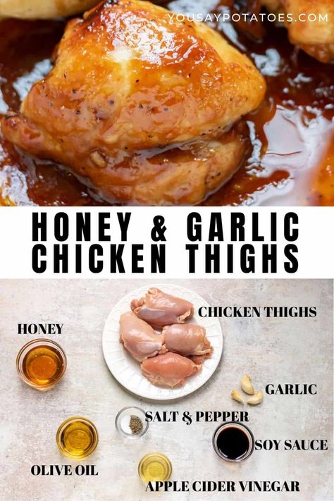 This recipe for Baked Honey Garlic Boneless Skinless Chicken Thighs is bursting with flavor. It's also easy enough that you can make it on busy weeknights, but special enough for company. Serve it with rice, potatoes, or grains with a side of vegetables for a well-rounded meal! Baked Boneless Chicken, Chicken Thighs In Oven, Baked Honey Garlic Chicken, Baked Boneless Chicken Thighs, Dark Inner Thighs, Garlic Chicken Thighs, Chicken Thights Recipes, Honey Garlic Chicken Thighs, Honey Glazed Chicken