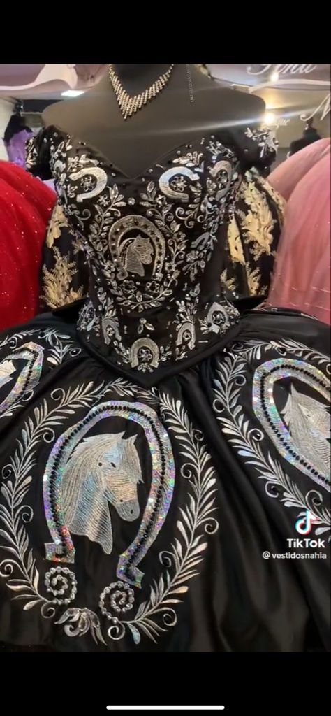 Mariachi Quinceanera Dress, Black Quince Dresses, Charro Dress, Quinceanera Dresses Mexican, Vestido Charro, Xv Dresses, Mexican Quinceanera Dresses, Quinceanera Themes Dresses, Charro Quinceanera Dresses