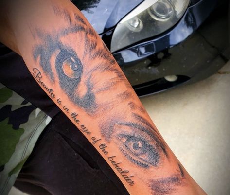 Tiger Eye And Human Eye Tattoo, Tat Meanings, Under Elbow Tattoos For Women, Tiger Eyes Tattoo Design, Tiger Eye Tattoo, Eyes Tattoo Design, Tats With Meaning, Tiger Eyes Tattoo, Tattoo Design For Women