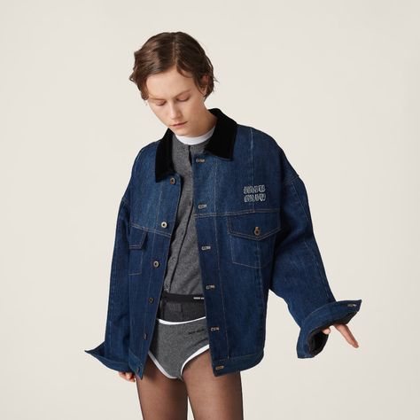 Navy Denim Trucker Jacket | Miu Miu Miu Miu Denim, Fashion Trend Book, Latest Fashion For Girls, Denim Trucker Jacket, Denim Outerwear, Embellished Denim, Conscious Fashion, Denim Jacket Men, Studio Shoot