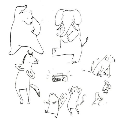 Animal Dance Party, Illustration by Graham Roumieu Dancing Animals Art, Dancing Elephant Drawing, Dancing Elephant Illustration, Party Animal Drawing, Animal Dancing Illustration, Party Animal Tattoo, Animal Party Illustration, Dancing Animals Drawing, Dance Party Illustration