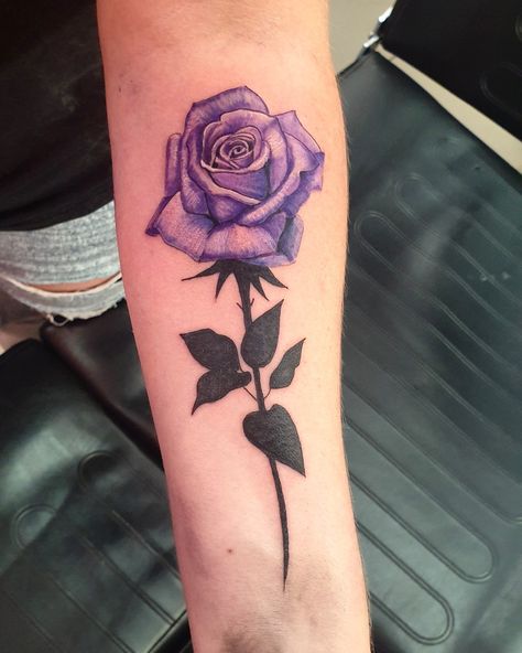 Purple rose with a black stem, forearm tattoo idea Purple Roses Tattoo Design, Rose Tattoo Purple, Purple Rose Tattoo For Men, Dark Purple Flower Tattoo, Purple And Black Tattoo, Purple Rose Tattoos For Women, Violet Rose Tattoo, Purple Tattoo Ideas, Purple Ink Tattoo