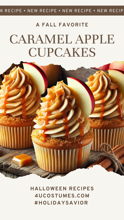 Elevate your fall celebrations Caramel Apple Cupcakes Recipe from our friends at 4U Costumes.com. These delicious treats feature a unique blend of apple-flavored frosting and caramel drizzle. #FallBaking #HalloweenTreats #CaramelAppleCupcakes #FallDesserts #AutumnBaking #CupcakeRecipe #HomemadeCupcakes #SeasonalBaking #HolidayBaking #SweetTreats #PumpkinSpice #AppleFlavor #CaramelDrizzle #BakingInspiration #FestiveBaking #GourmetCupcakes #DessertRecipe #BakingLove #FallRecipes #YummyCupcakes Salted Caramel Apple Cupcakes, Caramel Apple Crumble Cupcakes, How To Make Halloween Cupcakes, Gourmet Halloween Desserts, Mini Apple Recipes, Unique Baking Recipes Desserts, Fall Filled Cupcakes, Fall Cakes And Cupcakes, Chocolate Fall Cupcakes