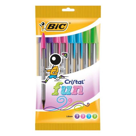 BIC Cristal Fun Ballpoint Pens will add a burst of colour to your stationery collection. This set includes two fluoresecent colours to give you a great way to highlight and underline key notes, as well as brighten up your work.With a bigger 1.6mm tip and a line width of 0.6mm, you can have all the control you need to ensure your writing remains neat and tidy. The matching cap and end plug mean you'll easily find the right pen for the job ahead.Choose from 10 ballpoint pens in the pack to write a Bic Pens, Crystal Pen, Best Pens, Pointed Pen, Stationery Collection, School Essentials, Stationery Pens, Colored Pens, Ballpoint Pens