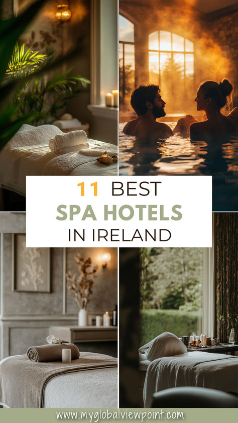 A serene collage of luxurious spa settings in Ireland, featuring cozy treatment rooms with soft lighting, elegant decor, and tranquil pools where guests can unwind, capturing the essence of relaxation and rejuvenation in the best Spa Hotels in Ireland. Girlfriend Trips, Spa Weekend, Stunning Landscapes, Best Spa, Small Hotel, Luxury Retreats, Luxury Spa, Spa Experience, All Inclusive Resorts