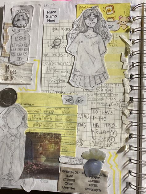 Sketch Book Page Ideas Drawings, Sketchbook Information Page, Cluttered Sketchbook Pages, Themed Sketchbook Pages, Cluttered Sketchbook, 80s Sketchbook, Cool Sketchbook Pages, Messy Sketchbook Aesthetic, Sketch Book Spreads