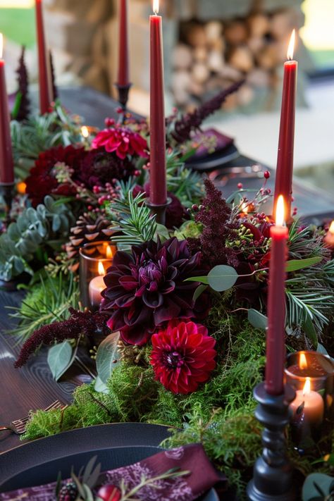 Moody wedding centerpieces feature deep colors and rich textures for a dramatic effect. Get inspired here. Moody Mauve Wedding, Dark Purple And Burgundy Wedding, Deep Color Wedding, Goth Wedding Centerpieces, Centrepieces For Weddings, Moody Wedding Cakes, Moody Wedding Centerpieces, Driftwood Wedding Centerpieces, Moody Spring Wedding