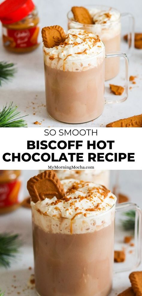 Winter Cafe Food Ideas, Cookie Butter Hot Chocolate, Easy Dessert Drinks, Diy Swiss Miss Hot Chocolate, Easy Hot Drinks For Winter, Special Hot Chocolate, Hot Cocoa Flavors, Biscoff Drinks Recipes, Cookie Butter Drinks