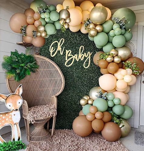 Baby Shower Nature Theme, Shower Arch, Wild Baby Shower, Green Balloons, Baby Shower Party Themes, Garland Birthday, Idee Babyshower, Baby Shower Theme Decorations, Baby Shower Deco