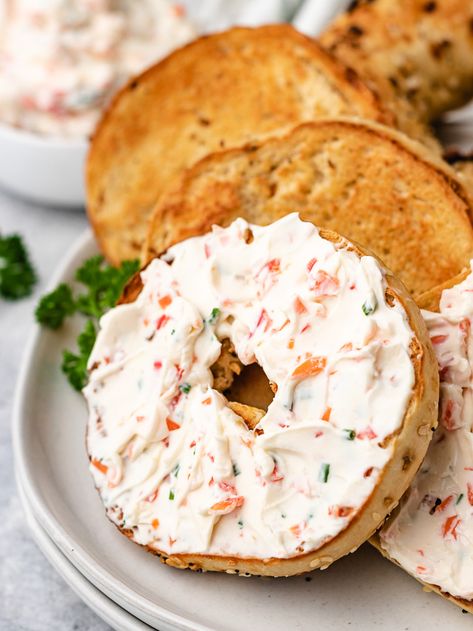 Vegetable Cream Cheese Recipe, Veggie Cream Cheese Recipe, Garden Vegetable Cream Cheese, Vegetable Cream Cheese, Bagel Spread, Cream Cheese Recipe, Meat And Potatoes, Red Bell Peppers, Homemade Seasonings