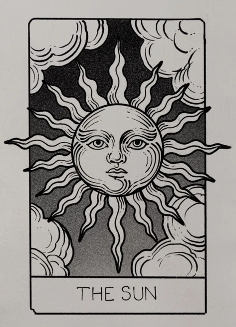 Trippy Sun Tattoo, Sun Tarot Card Drawing, Tarot Tattoo Simple, The Sun Tarot Tattoo, Tarot Doodles, Tarot Card Sketch, Sun Tarot Card Tattoo, Moon Tarot Card Tattoo, Sun And Moon Drawing