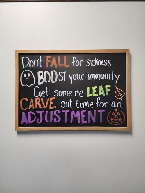 Autumn Chiropractic Quotes, Halloween Chiropractic Jokes, Chiropractic Halloween Humor, October Chiropractic Boards, November Chiropractic, Halloween Chiropractic Boards, Chiropractor Halloween, Fall Chiropractic Boards, Chiropractic Office Ideas