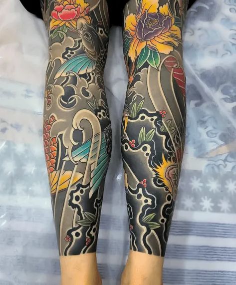 65+ Japanese Tattoos To Turn Everyone's Head! Japanese Leg Sleeve Tattoo Design, Neo Japanese Tattoo Sleeve, Japanese Leg Tattoo Men Design, Full Leg Tattoo Men Japanese, Japanese Knee Tattoo, Japanese Leg Tattoo Design, Hayley Tattoo, Traditional Tattoo On Leg, Japanese Leg Sleeve