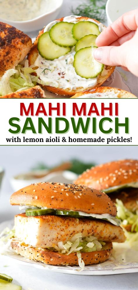 mahi mahi sandwich with pickles and lemon aioli Mahi Burger Toppings, Blackened Mahi Mahi Sandwich, Healthy Fish Sandwich, Mahi Mahi Burger Trader Joes, Healthy Fish Sandwich Recipes, Blackened Fish Sandwich, Tilapia Sandwich Recipes, Mahi Mahi Sandwich Recipes, Grilled Fish Sandwich Recipes