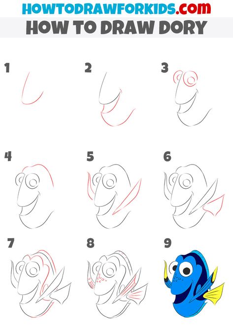 how to draw Dory step by step How To Draw Nemo Step By Step, How To Draw Dory Step By Step, Disney Doodles Simple Step By Step, How To Draw Finding Nemo Characters, Nemo And Dory Drawing, Drawing Ideas Easy Step By Step Disney Cartoon Characters, Disney Drawing Tutorial Step By Step, Dory Drawing Easy, Easy Disney Drawings Step By Step