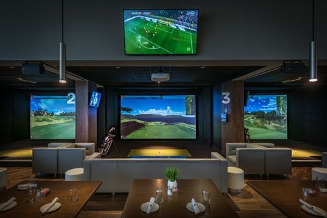 Simulator Room, Home Golf Simulator, Indoor Golf Simulator, Golf Bar, Golf Simulator Room, Golf Clubhouse, Golf Room, Indoor Golf, Golf Simulator