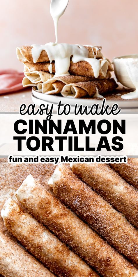 A quick and easy Mexican dessert recipe starts with a flour tortilla. Warm it up with some butter and sprinkle of sweet cinnamon sugar. Drizzle with some cream cheese glaze, fudge, or cajeta. These little treats will please the entire family! So much easier than a churro and just as tasty! Cinnamon Tortillas Baked, Breakfast Idea With Tortilla, Easy Recipes Using Tortillas, Desserts To Make With Tortillas, Flour Tortilla Cinnamon Sugar Chips, Tortilla Wrap Recipes Desserts, Desert Tortilla Recipe, Desserts Made With Flour Tortillas, Tortilla Roll Ups Dessert