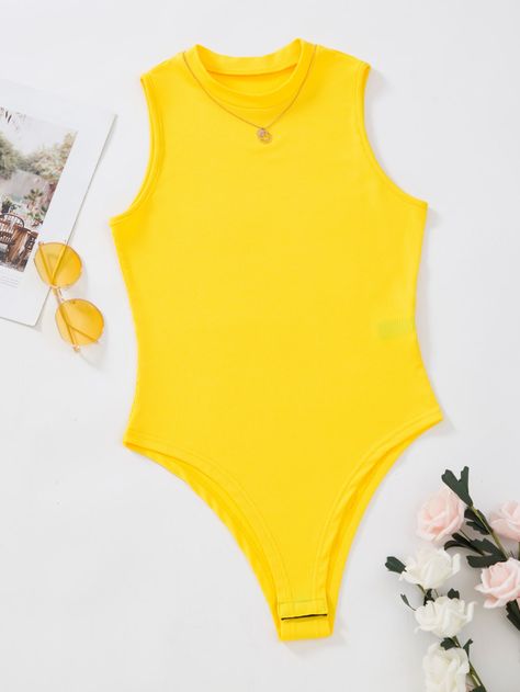 Yellow Bodysuit Outfit, Body Suit Outfit, Yellow Bodysuit, Comfy Jumpsuits, Ribbed Knit Bodysuit, Mens Fashion Classy, Knit Bodysuit, Sleeveless Bodysuit, Knit Sleeve