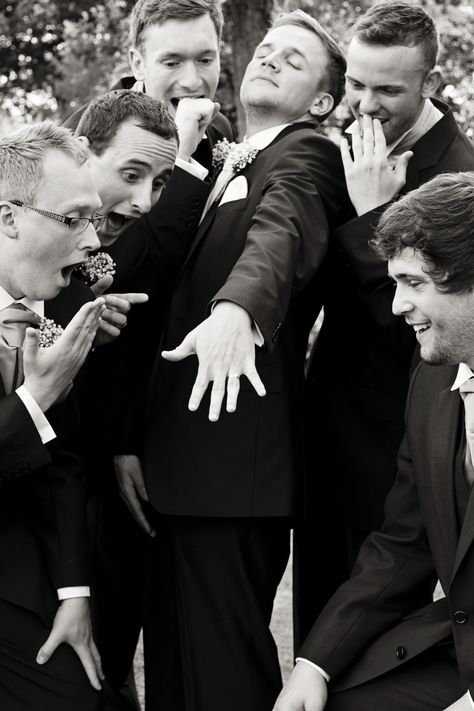 Ring admiration!!!! Groom And Friends Photo Ideas, Groomsmen Throwing Groom, Groomsmen Walk Up Photos, Bridal Party Group Photos, Guy Friends Pictures, Groomsmen Getting Ready Pictures, Wedding Group Poses, Wedding Photos Groomsmen, Funny Groomsmen Photos