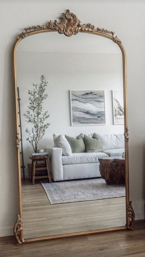 Big Vintage Mirror Living Rooms, Big Gold Framed Mirror, Big Floor Mirror Living Room, Big Aesthetic Mirror, Large Gold Mirror Entryway, Vintage Floor Mirror Bedroom, Big Gold Mirrors, Antique Gold Mirror Bedroom, Aesthetic Floor Mirror