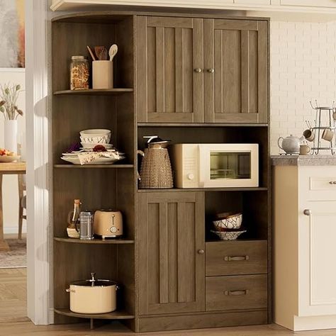 Gizoon 60.4" Farmhouse Kitchen Pantry Storage Cabinet with Doors and Adjustable Shelves, Large Kitchen Hutch with Drawers, Freestanding Cupboard for Dining Room, Living Room, Retro  #homedesign #homedecor #housedesign #housedecor #room #roomdecor #roomdesign #interior #design #home #house #furniture #decor #bedroom #kitchen #livingroom Stand Alone Pantry, Freestanding Pantry, Farmhouse Kitchen Pantry, Pantry Cabinet Free Standing, Kitchen Hutch Cabinet, Storage Cabinet With Doors, Kitchen Hutch, Pantry Storage Cabinet, Pantry Wall