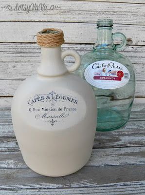 Artsy VaVa: Wine Jug Makeover Gallon Wine Jug Crafts Diy Projects, Gallon Wine Jug Crafts, Glass Gallon Jugs Ideas, Glass Jugs Crafts, Wine Jug Crafts, Jug Decor, Wine Jug, Empty Wine Bottles, Decorative Bottles