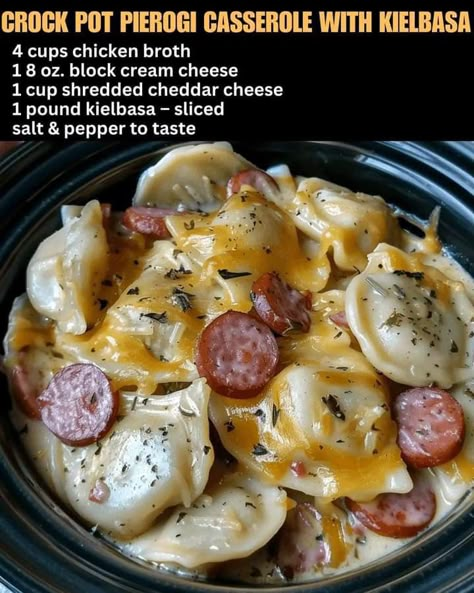 Crock Pot Pierogi And Kielbasa Casserole, Crock Pot Pierogi Casserole, Pierogi And Kielbasa Crockpot, Sausage Pierogies Crockpot, Mini Pierogies And Kielbasa, Pierogi Kielbasa Crockpot, 3 Or 4 Ingredient Crockpot Recipes, 4 Ingredients Crockpot Recipes, Crockpot Pierogi Kielbasa Casserole