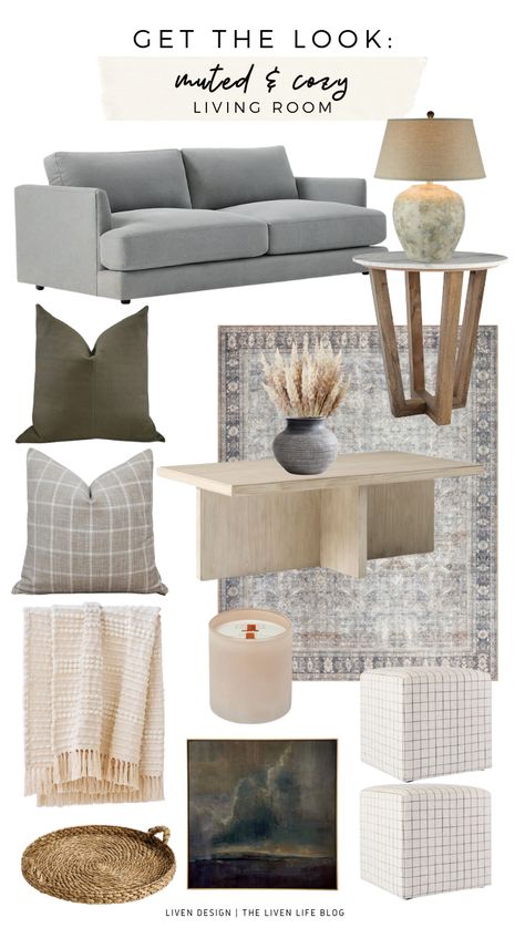 Get The Look: Muted & Cozy Living Room — LIVEN DESIGN Family Room Design Gray Couch, Coffee Table Grey Couch, Living Room Light Grey Couch, Light Grey Couch Living Room, Light Gray Couch, Gray Couch, Light Gray Sofas, Grey Sofa Living Room, Couch Styling