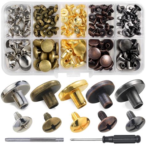 PRICES MAY VARY. 【Package Contents】 50sets Chicago Screws along with 2pcs install tools in a clear plastic storage box. 【Durable Material】 These studs are made of good quality zinc alloy with a fine finish, no casting lines, fine workmanship and durable. And screws are made of iron. 【Size and Colors】 Assorted 50sets 5 colors chicago screws (mixed of silver, gun metal, gold, bronze and antique copper), diameter of round head: 11.5mm, height of tube: 5mm, height of screw: 5mm. 【Easy to Use】 Pick t Repair Shoes, Purse Dog, Clothing Repair, Chicago Screws, Leather Rivets, Plastic Storage Box, Repair Clothes, Punch Tool, Webbing Belt