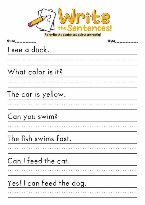 Practice Sentences For First Grade, Preschool Writing Sentences, Writing Practice 1st Grade, Reading And Writing Practice, Write Sentences Worksheets, Writing Sheets For 1st Grade, Kindergarten Sentence Writing Worksheets, 1st Grade Sentence Writing Worksheets, Writing Grade 1 Worksheet