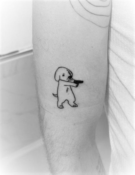 Linework Dog Tattoo, Tattoo Ideas Silly, Silly Dog Tattoo, Funny Dog Tattoo, Animal Flash Tattoo, Cartoon Dog Tattoo, Emoji Tattoo, Puppy Tattoo, Left Arm Tattoos