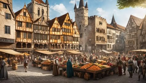 Many medieval market towns still exist today, and some continue to hold markets based on centuries-old charters. Old Villages Aesthetic, Fantasy Town Square, Medieval Town Aesthetic, Medieval Village Layout, Medieval Town Art, Medieval Town Layout, Market Medieval, Fantasy Market, Minecraft Cities