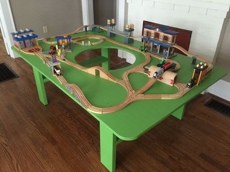 How to Build a Train Table with Hole in Center - Finished in Hours Kids Train Table, Wooden Train Table, Diy Kids Table, Brio Train, Model Train Table, Train Table, Boys Playroom, Lego Table, Playroom Design