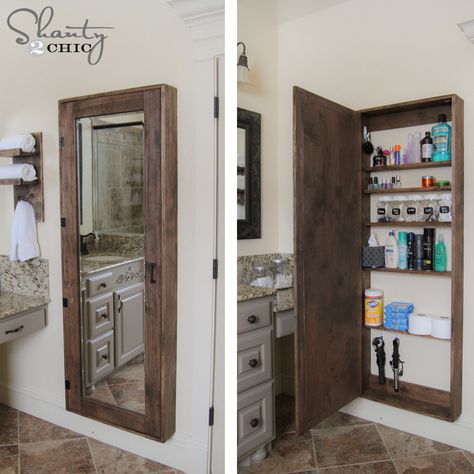 DIY Bathroom Storage Idea - Organization www.shanty-2-chic.com LOVE this! Perfect for small bathroom. Would love it built in. Shallow Bathroom Storage, House Declutter, Cali House, Makeover Kamar Mandi, Små Rum Lidt Plads, Diy Bathroom Storage Ideas, Bathroom Mirrors Diy, Bathroom Mirror Storage, Bilik Air