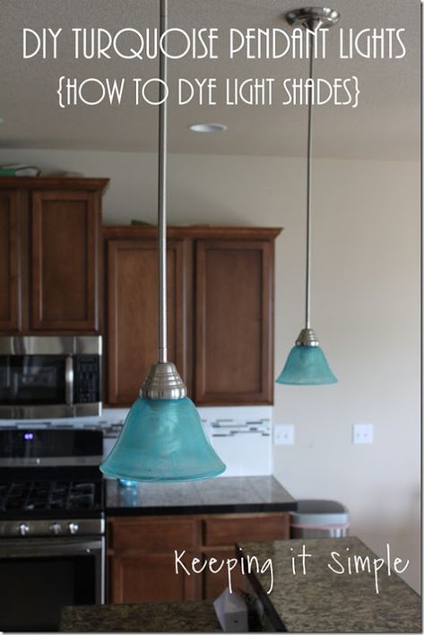 Turquoise Blue Pendant Lights- How to dye light shades #pendantlights @keepingitsimple Glass Spray Paint, Blue Pendant Light, Diy Pendant Light, Blue Ceilings, Kitchen Ceiling, Mobil Home, Keeping It Simple, Blue Pendant, Clipboard