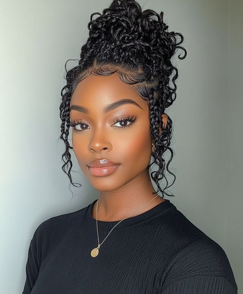 👑 Edgy Curly Updo With Braid Glamorous Braids Updo Hairstyle Natural Hairstyles Updo, Curly Hair Updo Easy Natural Curls, Updo For Curly Hair, Updo With Braid, Updo Hairstyles For Black Women, Cornrow Updo, Coily Natural Hair, 3c Natural Hair, Braids Updo