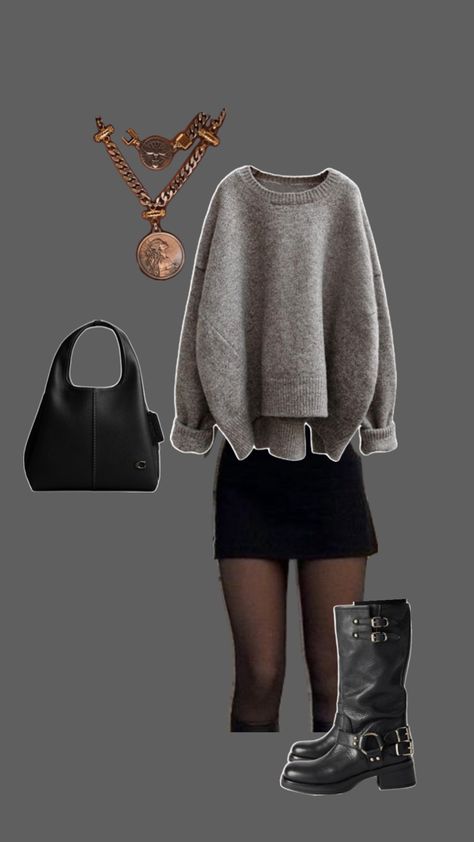 This outfit is composed of a Grey oversized sweater black tights and a black mini skirt with black mid calve boots Skirt And Tights Outfit, Sweater Skirt Outfit, Skirt Tights, Black Skirt Outfits, Oversized Grey Sweater, Skirt Outfits Fall, Chic Scarves, Stylish Fall Outfits, Autumn Wardrobe