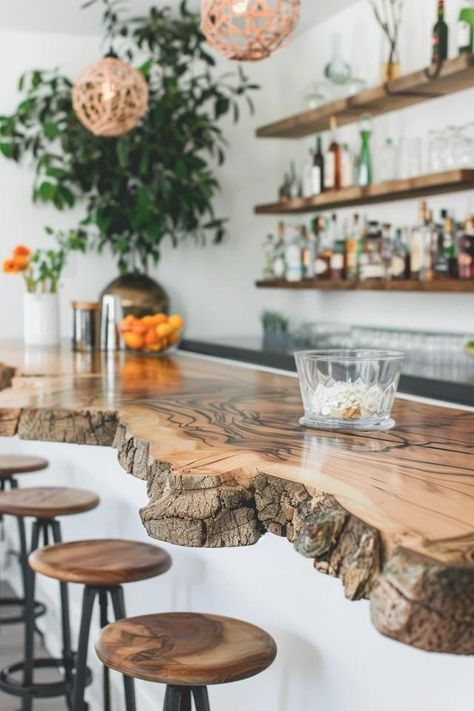 Rustic Charm: Live Edge Bar Top Ideas Unveiled Rustic Bar Ideas, Bar Top Ideas, Kava Bar, Modern Bar Design, Live Edge Counter, Live Edge Bar Top, Wooden Countertops Kitchen, Wood Bar Counter, Live Edge Bar