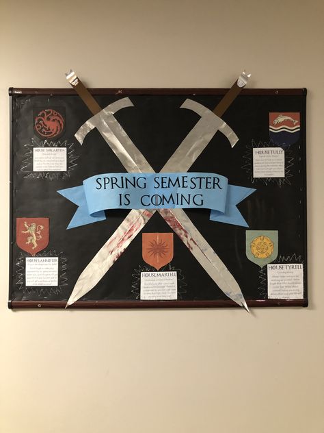 Game of thrones bulletin board Game Of Thrones Door Decs, Greek Mythology Bulletin Board, Game Of Thrones Bulletin Board, Game Of Thrones Classroom Theme, Game Of Thrones Flags, Game Of Theones, Residence Life Bulletin Boards, Ra College, Res Life Bulletin Boards