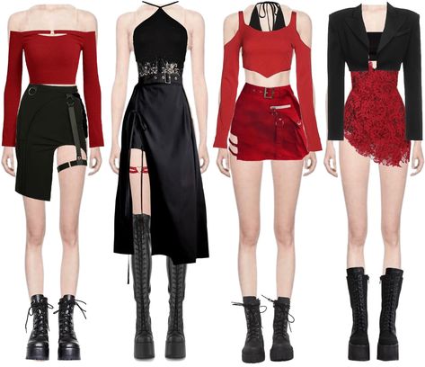 #aespa #blackpink #twice #itzy #ive #stayc #babymonster #nmixx #redvelvet. Discover outfit ideas for made with the shoplook outfit maker. How to wear ideas for 00 and Black Boots Red Black Kpop Outfit, Itzy Outfits Concert Ideas, Itzy Concert Outfit Ideas Born To Be, Red And Black Kpop Outfit, Black Outfit Kpop, Itzy Concert Outfit Ideas, Red Kpop Outfits, Kpop Outfits Inspiration Korean Style, Itzy Inspired Outfits