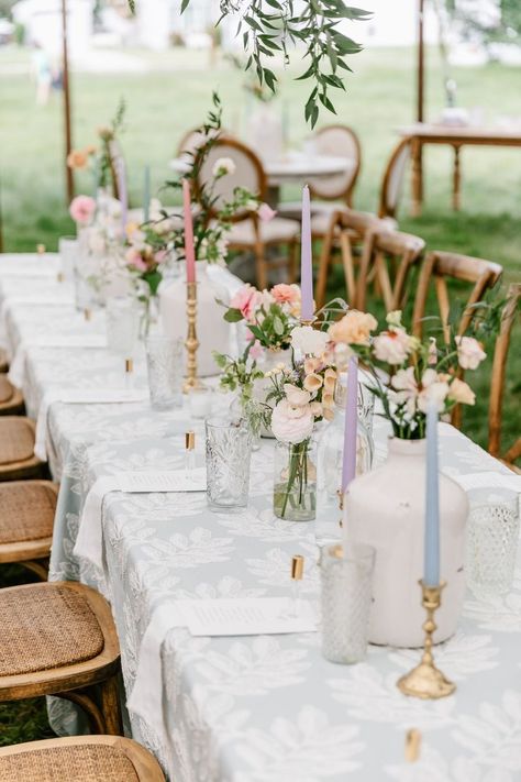 Mixed Pastel Wedding Theme, Mixed Vases Wedding Table, Simple Pastel Wedding Decor, Spring Wedding Flowers Bud Vases, Flower Set Up On Table, Wedding Themes Pastel, Bud Flowers Wedding Table, Pastel Candles Wedding, Pastel Color Wedding Theme Table Settings