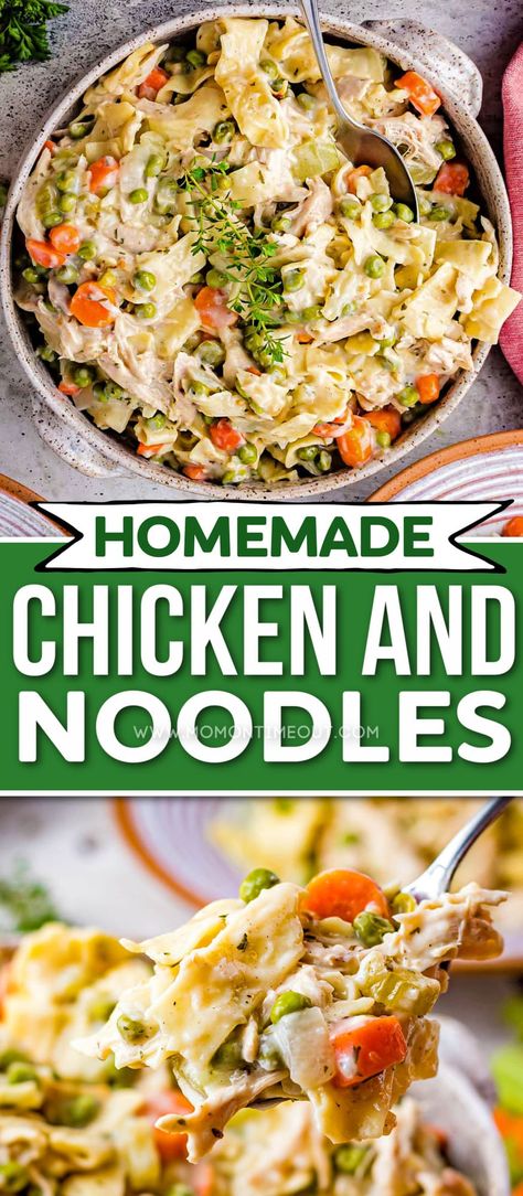 This simple Chicken and Noodles recipe is filled with chicken, noodles, and lots of veggies to create a creamy, comforting, classic dish that the whole family will enjoy. It’s the perfect hearty meal for cool evenings and is quick and easy enough to make on weeknights. // Mom On Timeout Chicken And Noodles With Vegetables, Chicken And Noodles Rotisserie, Chicken And Noodles No Cream Soup, Chicken Thigh Recipes With Noodles, Chicken Noodle Skillet Recipes, Healthy Chicken And Noodles Recipe, Homestyle Chicken And Noodles, Chicken Thigh And Noodle Recipes, Egg Noodles And Chicken Recipes