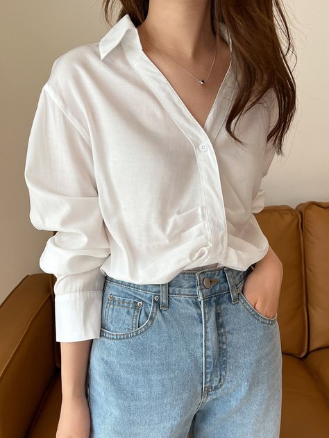 White Casual Collar Long Sleeve Fabric Plain Shirt Embellished Non-Stretch Spring/Summer Women Tops, Blouses & Tee Shirtdress Outfit, White Long Sleeve Shirt Outfit, Shirt Placket, Long Sleeve Shirt Outfits, Outfits Con Camisa, White Button Shirt, Plain White Shirt, White Shirt Outfits, Drop Shoulder Shirt