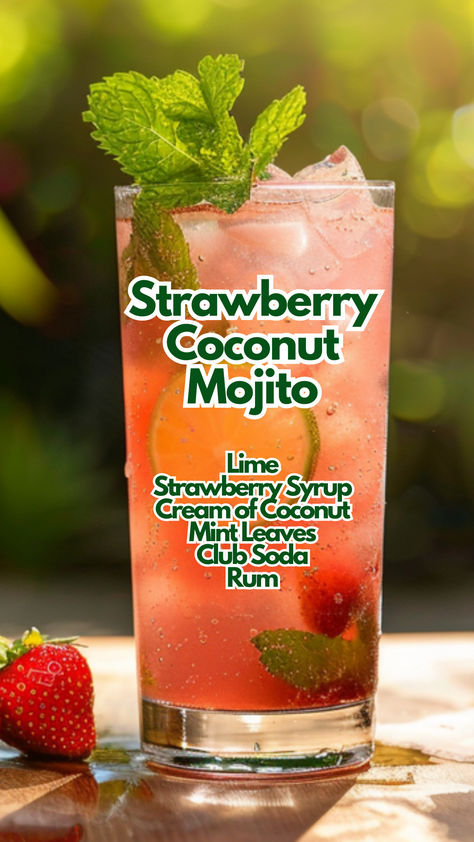 Strawberry Coconut Mojito Malibu Strawberry Coconut Mojito, Strawberry Coconut Mojito, Mojito Flavors, Slushy Alcohol Drinks, Bridal Breakfast, Coconut Cocktails, Summer Rum Cocktails, Soda Cocktails, Strawberry Mojito Recipe