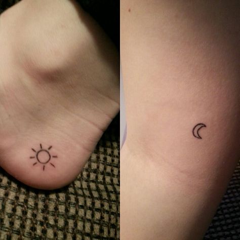 Best friend stick and poke tattoos. Sun and moon, hand poked. Placements: foot (heel) and inner arm. Small Stick And Poke Tattoo Matching, Stick And Poke Tattoo Best Friends, Stick And Poke Tattoo Sun And Moon, Easy Matching Stick And Poke Tattoo, Sun Stick N Poke, Matching Stick And Poke Tattoos For Best Friends, Stick And Poke Sun Tattoo, Sun And Moon Stick And Poke, Stick And Poke Tattoo Placement