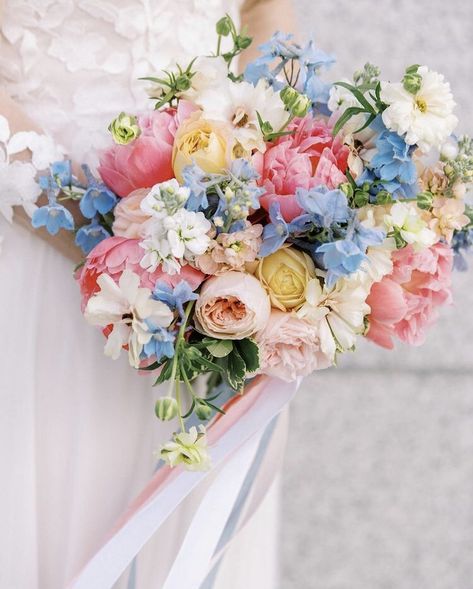 Pink Blue Yellow Flower Arrangements, Pastel Flowers For Wedding, Pastel Peony Bouquet, Yellow Pink Blue Flower Arrangement, Summer Bouquet Flowers Wedding, Blue Yellow Pink Wedding Bouquet, Pink Blue Yellow Bouquet, Bright Pastel Wedding Flowers, Pink Peach Blue Wedding Flowers