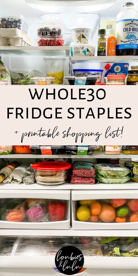 These are my family's tried-and-true staples for healthy, nutritious meals, whether we're doing Whole30 or not! My free downloadable and printable grocery list makes everything from meal prep to throw-together, no-cook meals a breeze. Save money and save time! #whole30recipes #fridgestaples #freezerstaples #healthymealprep #healthysnacks #whole30snacks Whole 30 Menu, Paleo Grocery List, Healthy Nutritious Meals, Whole30 Food List, Fridge Staples, Paleo Food List, Healthy Fridge, Printable Grocery List, Whole 30 Meal Plan