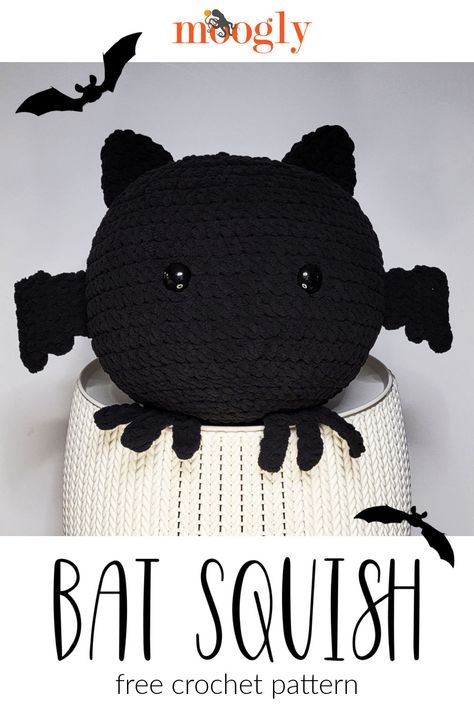 The Bat Squish is a little spooky, but cuddly, and very squishy, free crochet pattern on Moogly! Featuring Bernat Blanket, this pattern will scare you with just how frightfully cute it is! #CALCentralCrochet via @moogly Easy Crochet Squishmallow, Crochet Squish Pattern Free, Bat Plushie Crochet Pattern Free, Crochet Bat Pillow, Blanket Yarn Plushies, Crochet Bat Blanket, Free Crochet Squishmallow Pattern, Crochet Squishmallow Pattern, Squishmallows Crochet